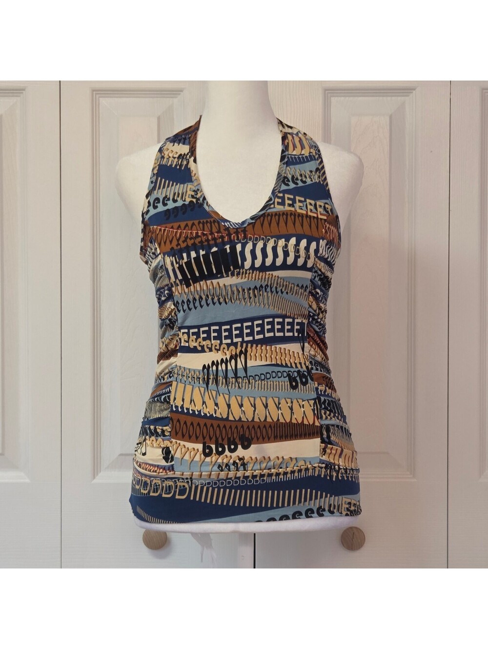 Vintage Y2K Brown Blue Graphic Letter Print Halter Top Retro Euro Tank Size S/M